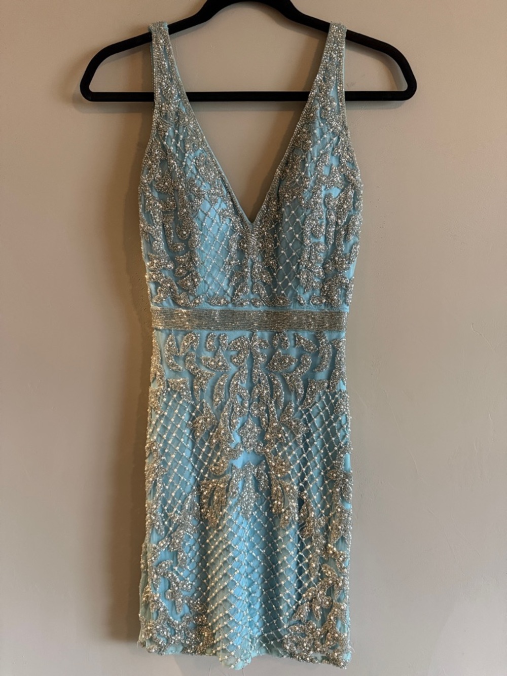 Sequin Embellished Light Blue V-Neck Mini Dress